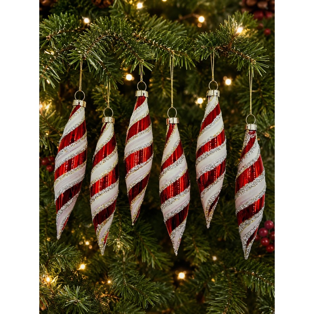Czechoslovakia Six Glass Icicle Christmas Ornaments Red White Glitter Vintage